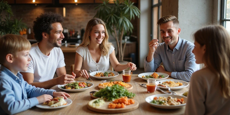 Familia comiendo junta en una mesa, sonriendo