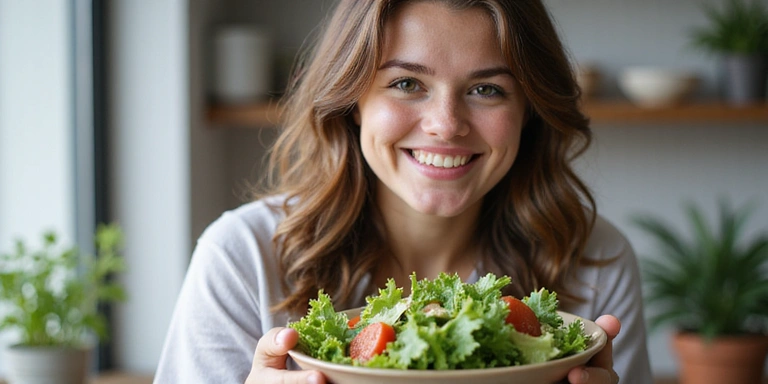 Mujer sonriendo mientras come una ensalada fresca