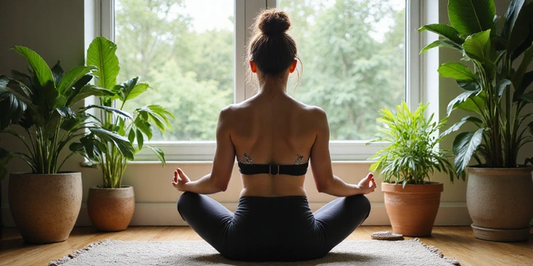Persona meditando rodeada de plantas y luz natural