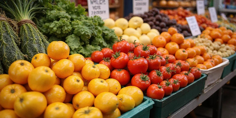 Variedad de frutas y verduras coloridas en un mercado