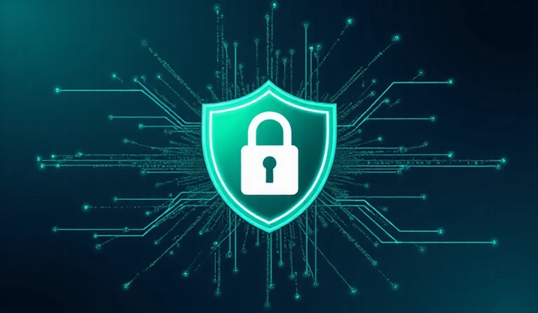 Ilustración de seguridad de datos con un candado digital y un escudo
