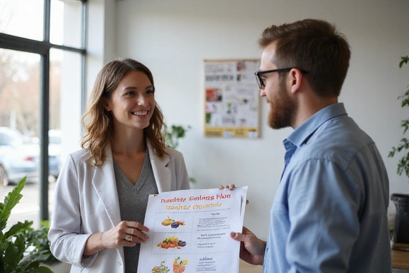 Nutricionista explicando un plan de alimentación a un paciente