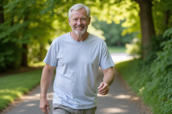 Hombre de mediana edad caminando feliz y saludable