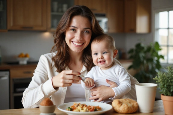 Madre feliz con su bebé, comiendo saludablemente