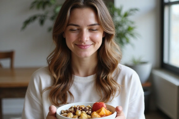 Mujer joven sonriendo y disfrutando de una comida consciente